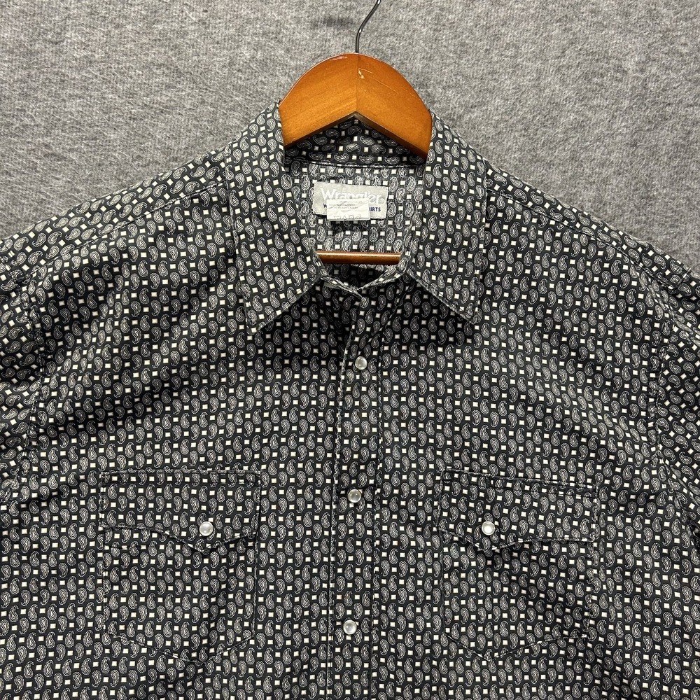 Wrangler Shirt Mens XL Black Geometric Paisley Pearl Snap Western Cowboy